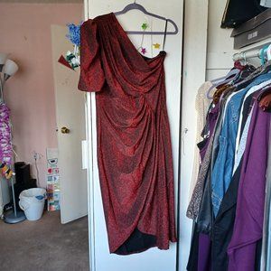 SHEIN Plush One Shoulder Ruched Asymmetrical Hem Glitter Dress RED